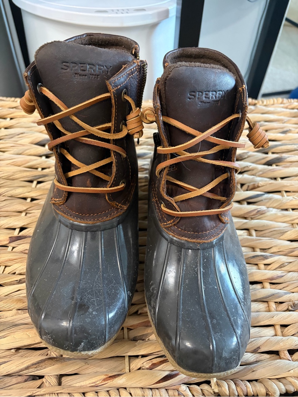 Sperry Kids Brown and Dark Gray Duck Rain Boots with Tan Laces